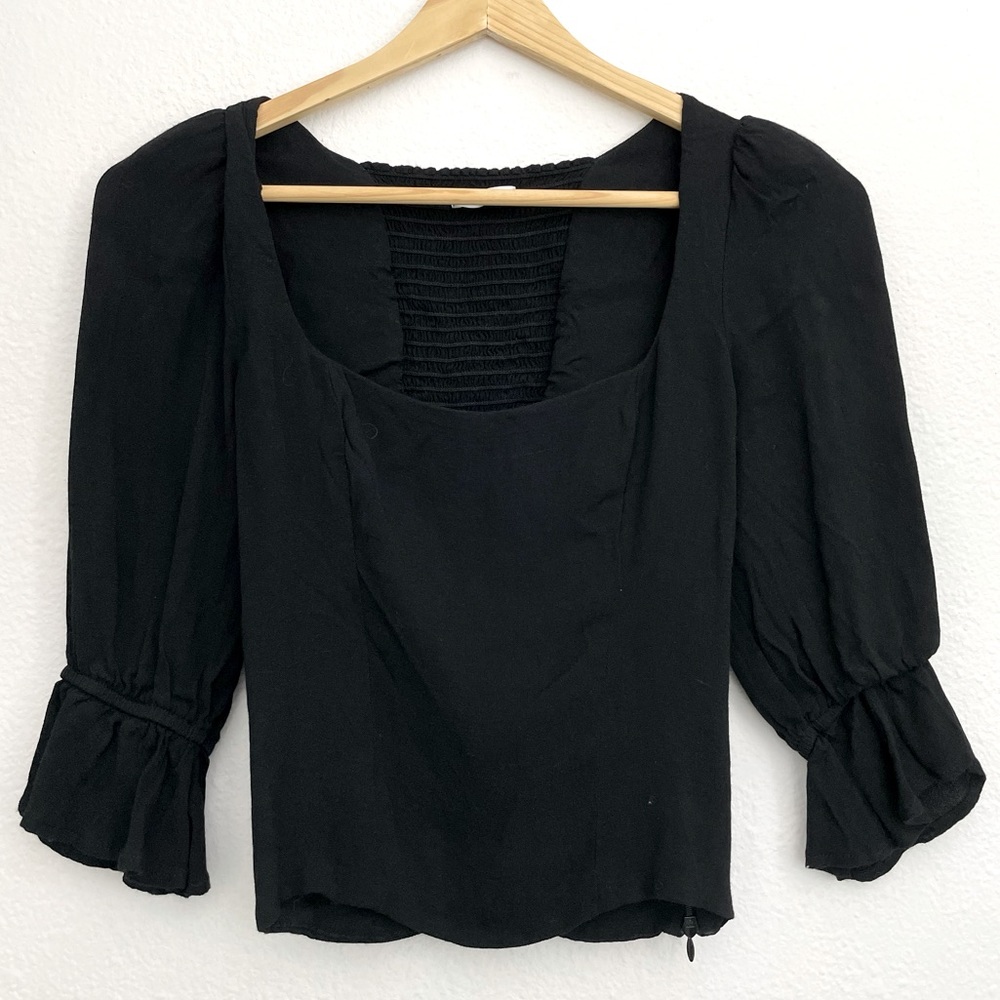 Reformation Black Ana Corset Style Fitted Top Blouse with Puff Sleeves Size 2 - Picture 3 of 8